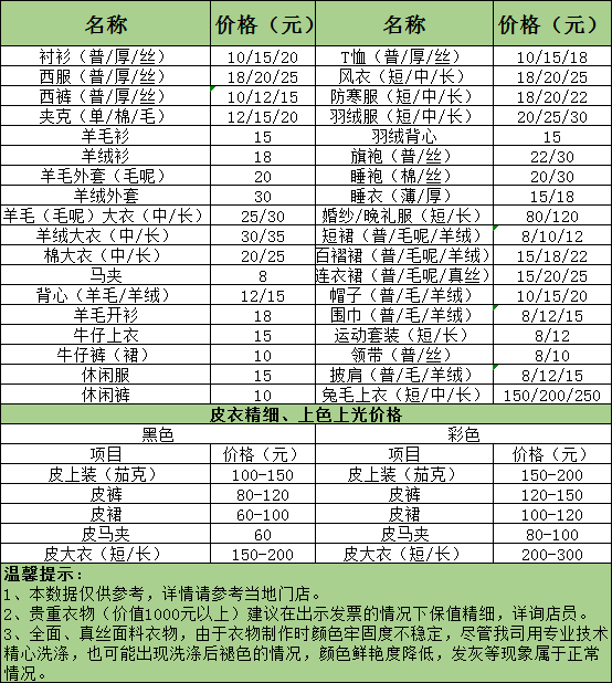 鹤岗干洗店收费价格表-鹤岗洗衣服具体怎么收费的