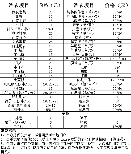 张家口干洗店收费价格表-张家口洗衣服具体怎么收费的