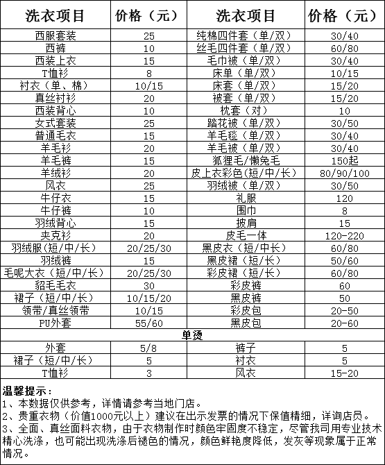 邯郸干洗店收费价格表-邯郸洗衣服具体怎么收费的