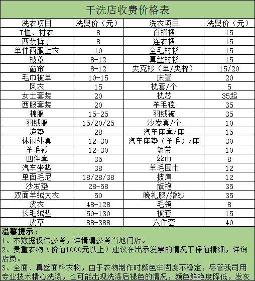 运城干洗店收费价格表-运城洗衣服具体怎么收费的