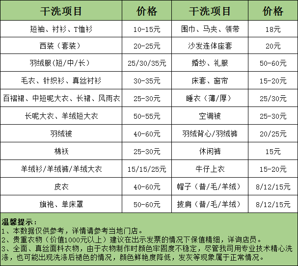 长治干洗店收费价格表-长治洗衣服具体怎么收费的